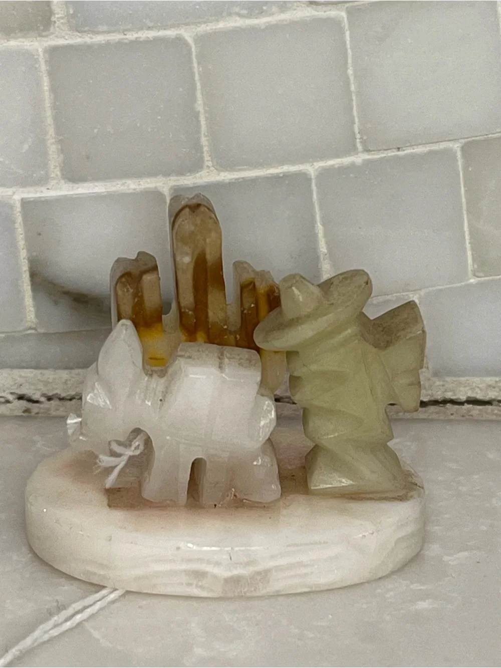 Vintage Mexican Green Onyx Ashtray & Figurine Set Mid Century Siesta Man Burro